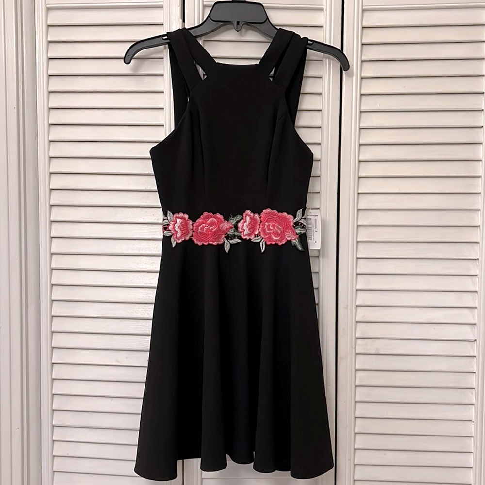 Black with pink embroidered flowers dress